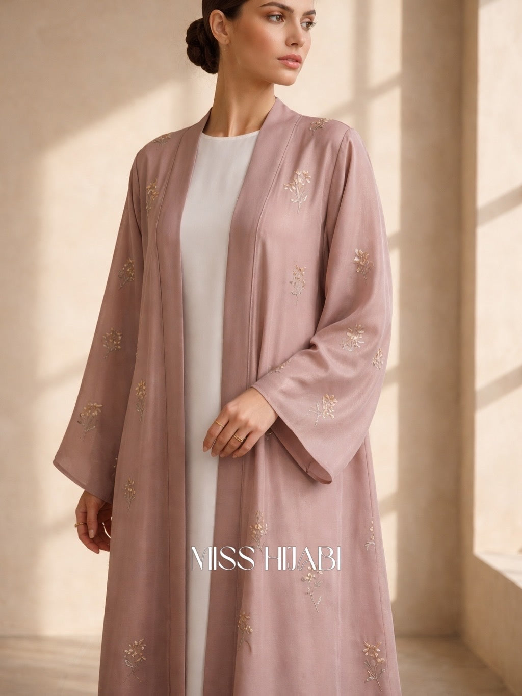 Baby pink flower embroidery Abaya-MH248