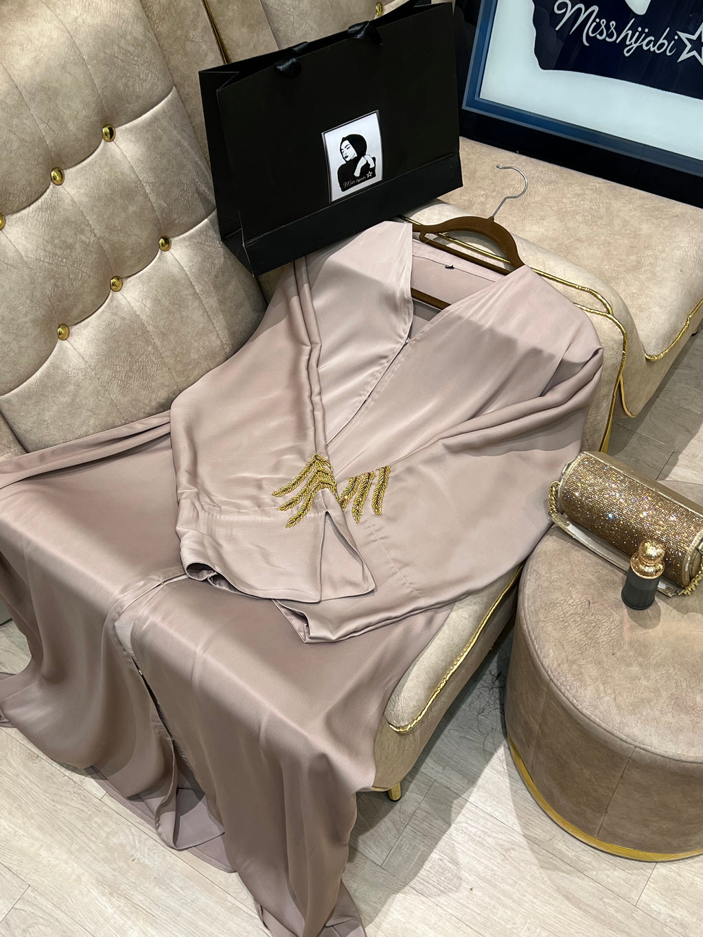 Beige Gilded Grace Abaya- MH036