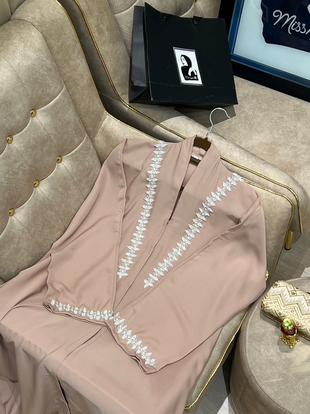 Beige Royal white embellished work abaya -MH071