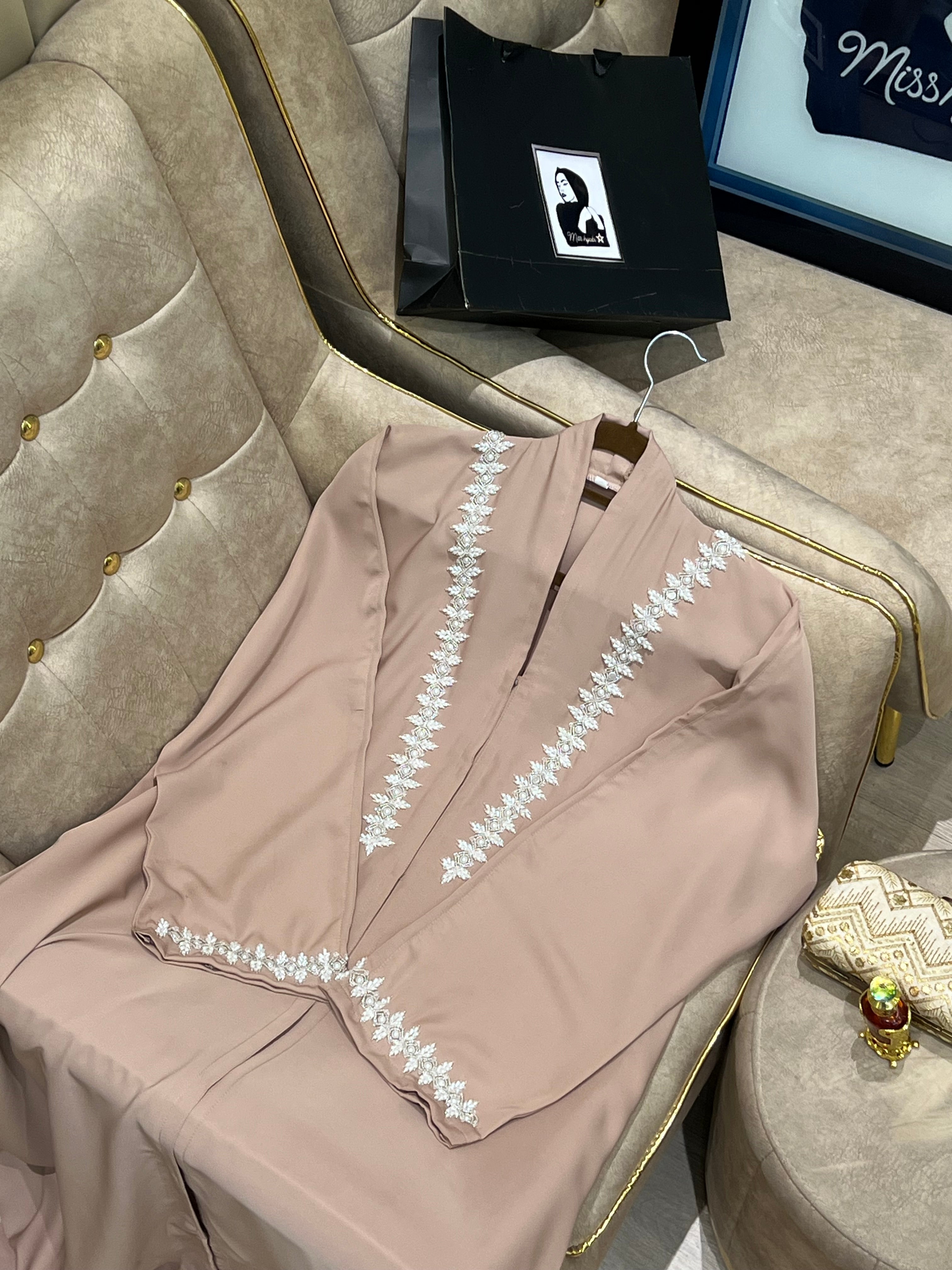 Beige Royal white embellished work abaya -MH071