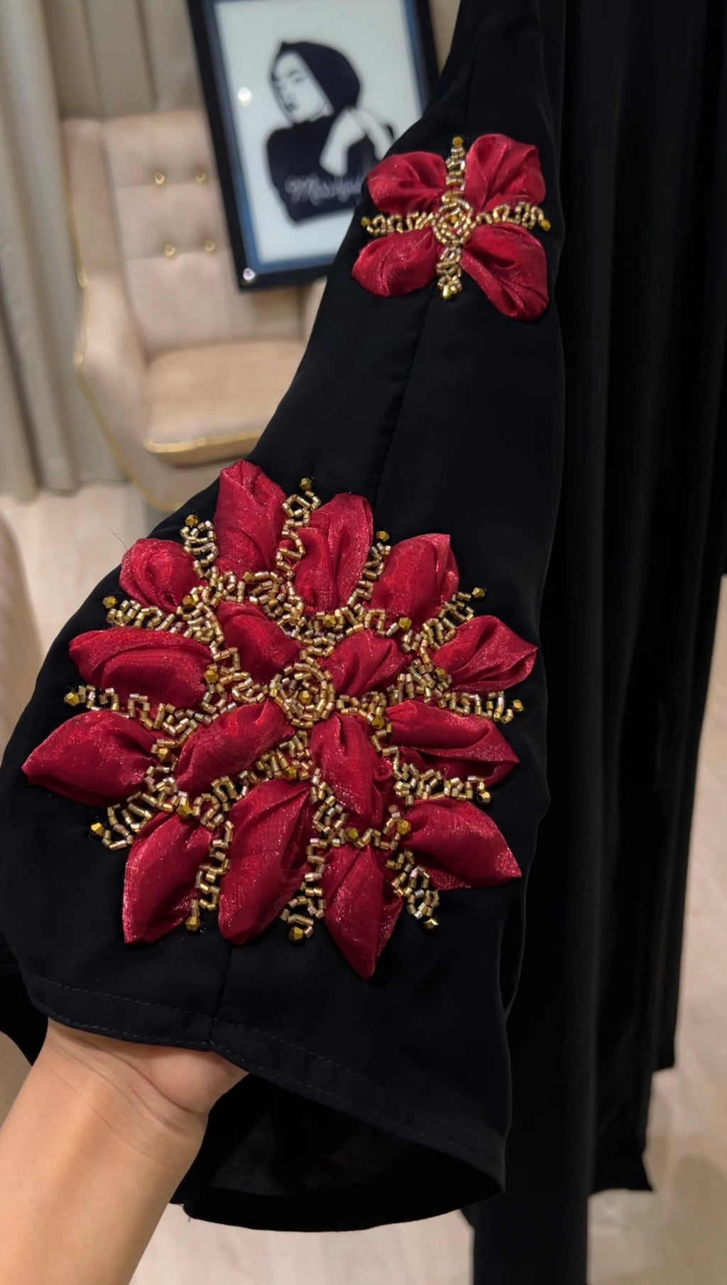 Black Abaya with Delicate Rose Petal Detailing -MH013