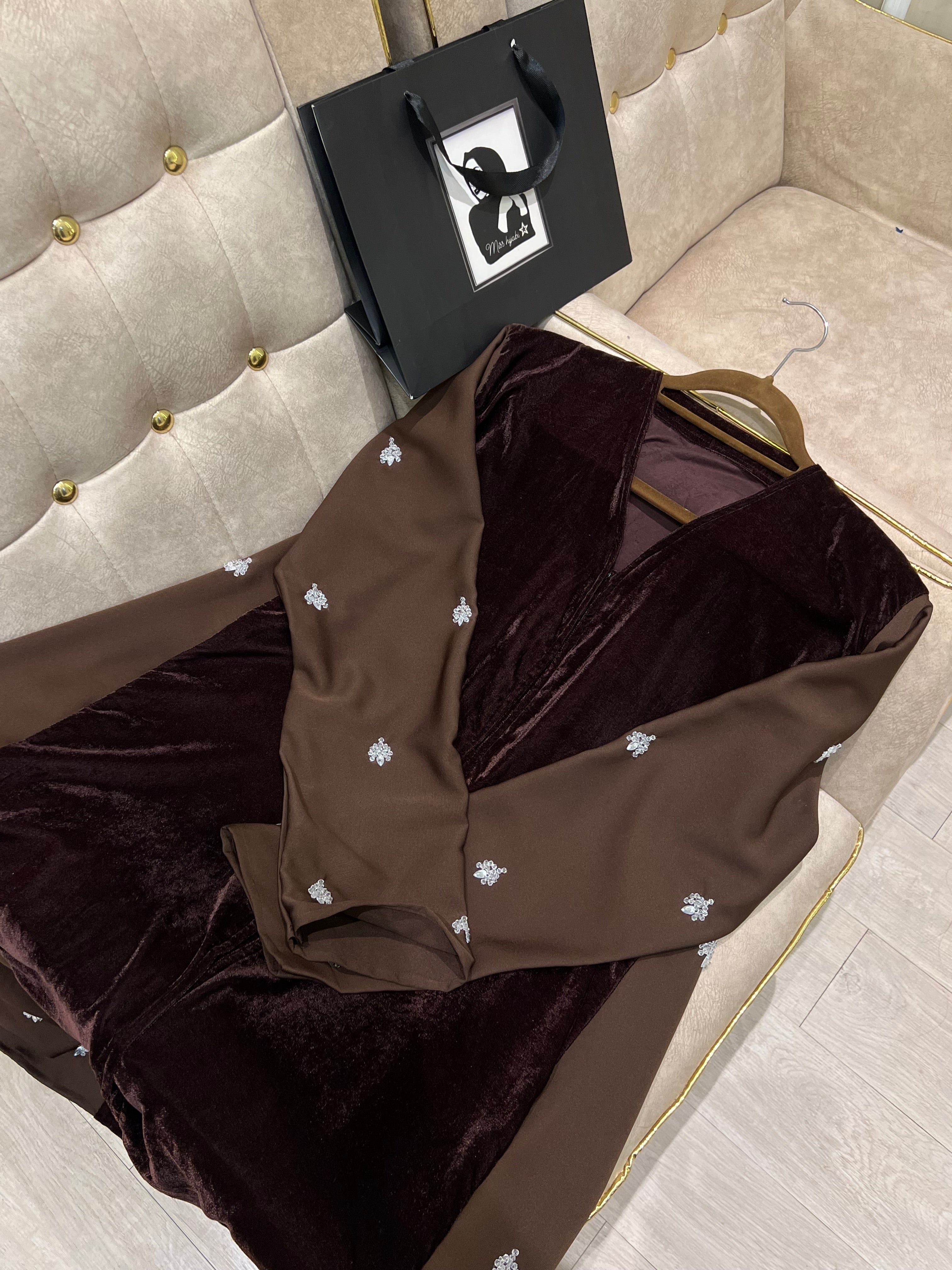 Mocha Majesty Velvet Abaya with Silver Embellishment -MH2249