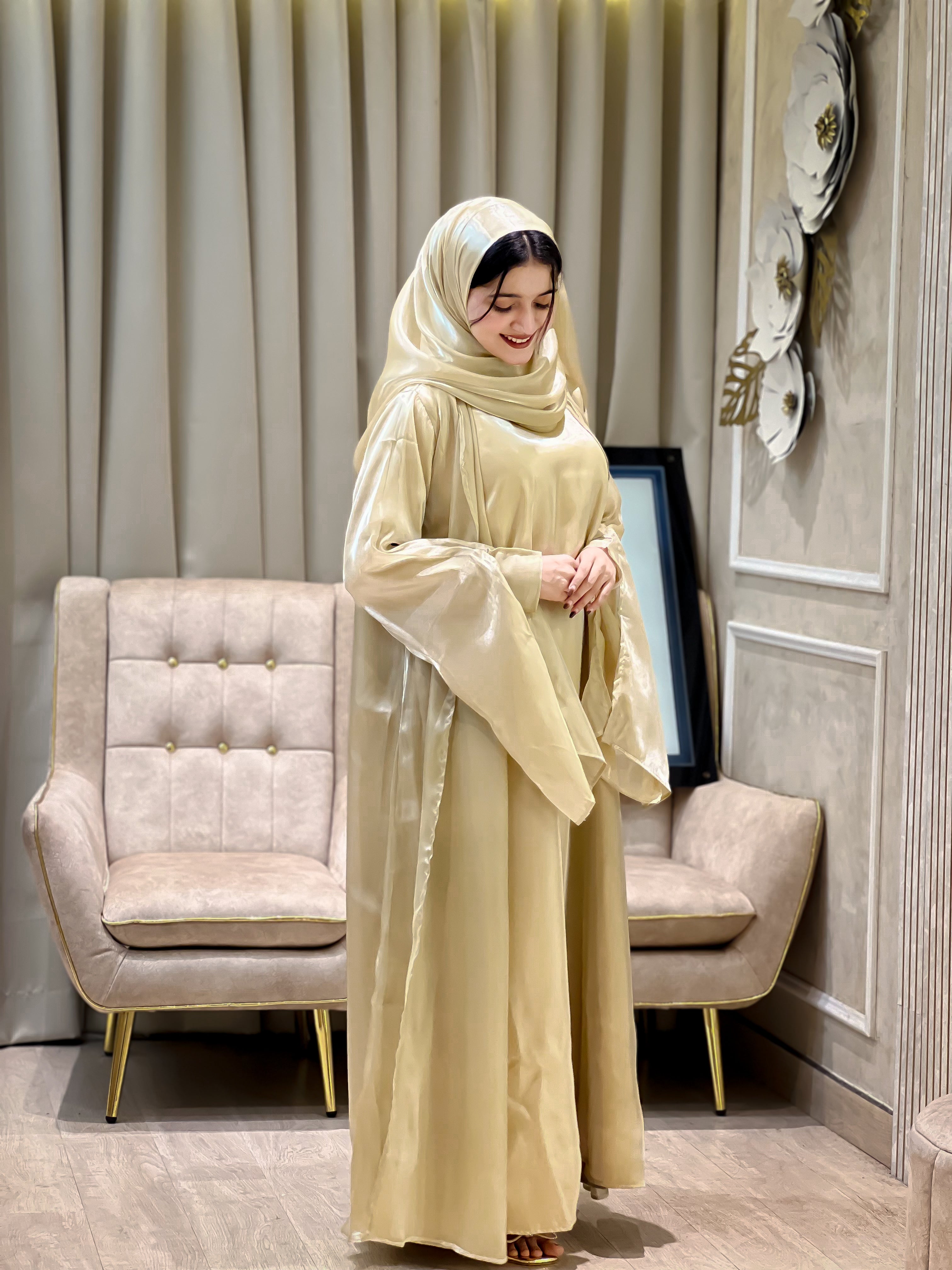 Beige Party Organza Abaya- MH116