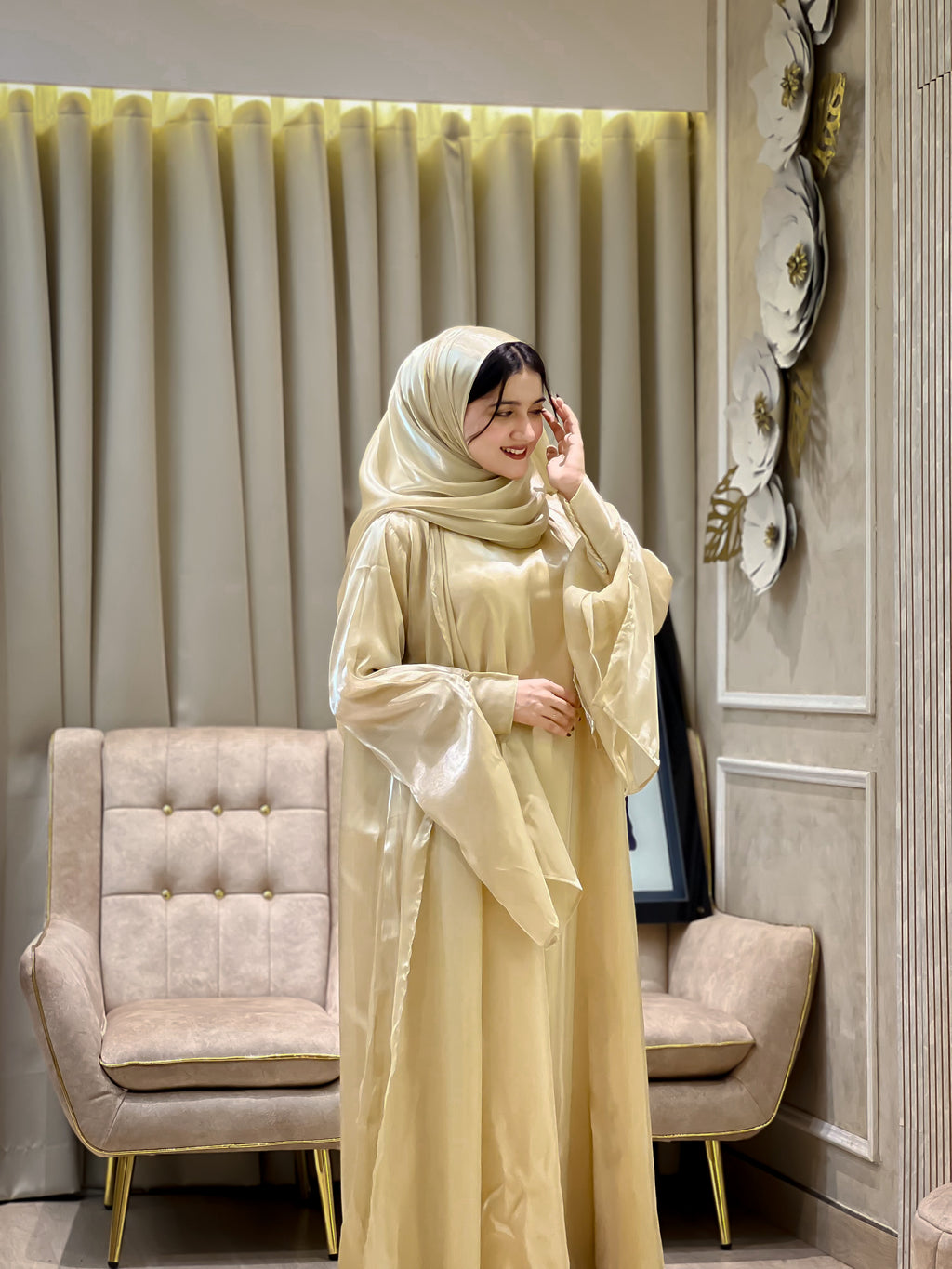 Beige Party Organza Abaya- MH116
