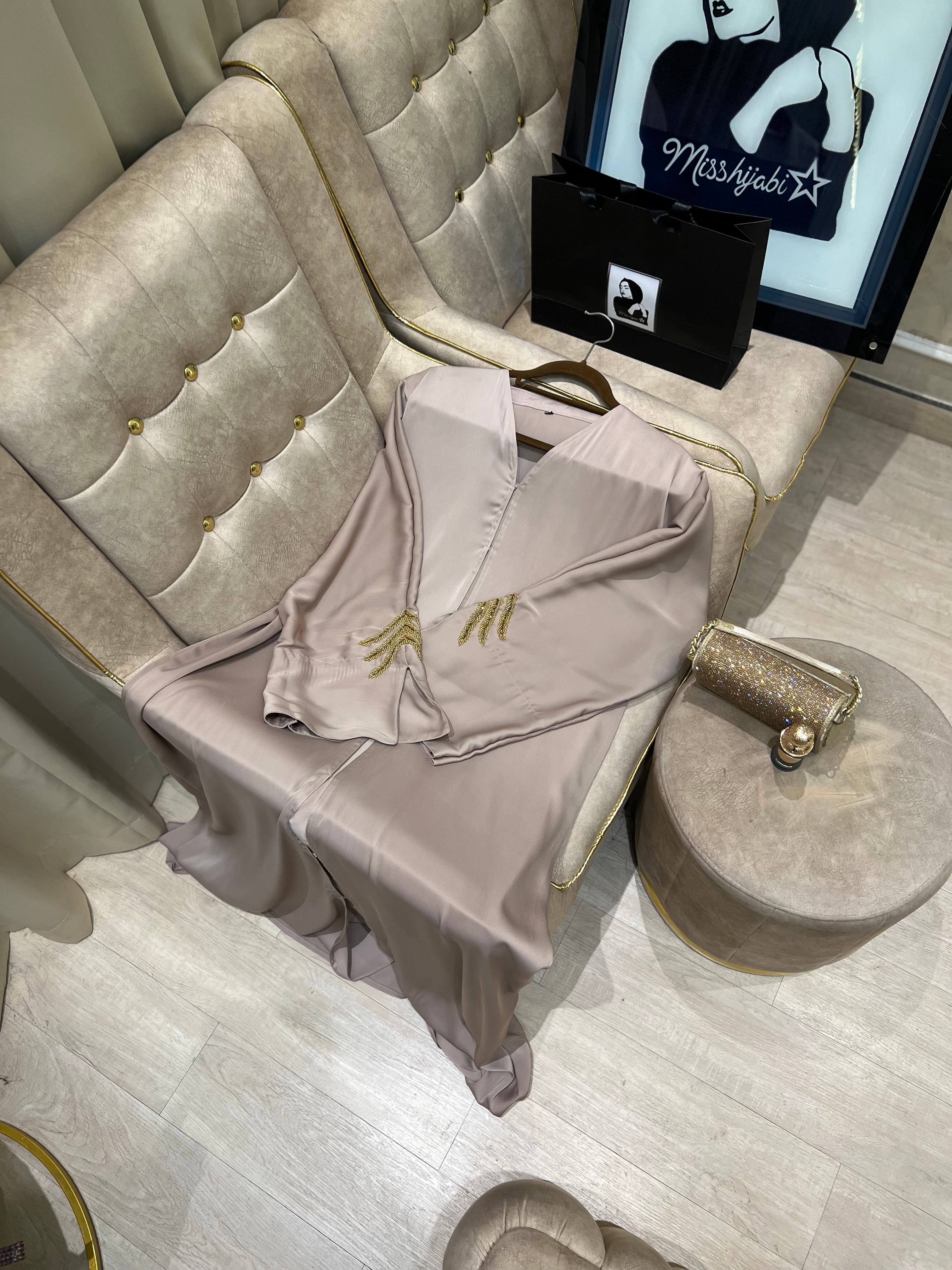 Beige Gilded Grace Abaya- MH036