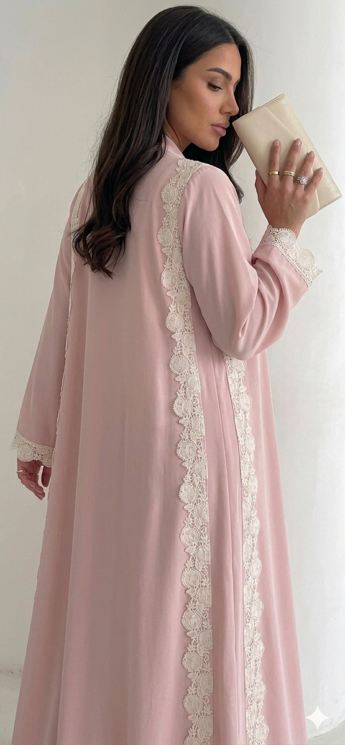 Baby Pink Trendy Lace Abaya- MH336
