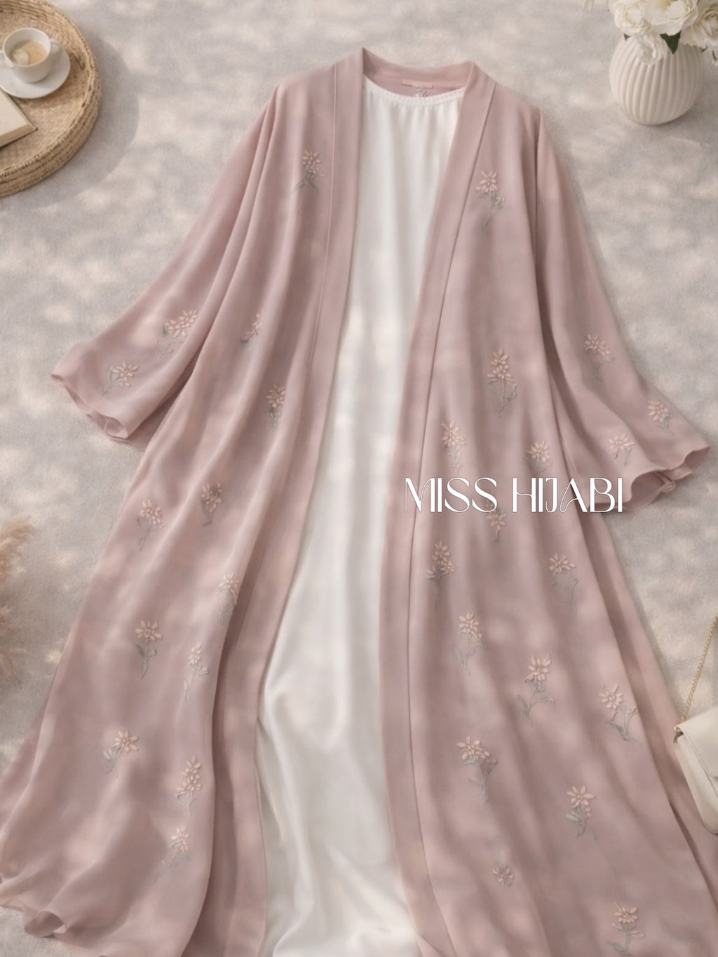 Baby pink flower embroidery Abaya-MH248