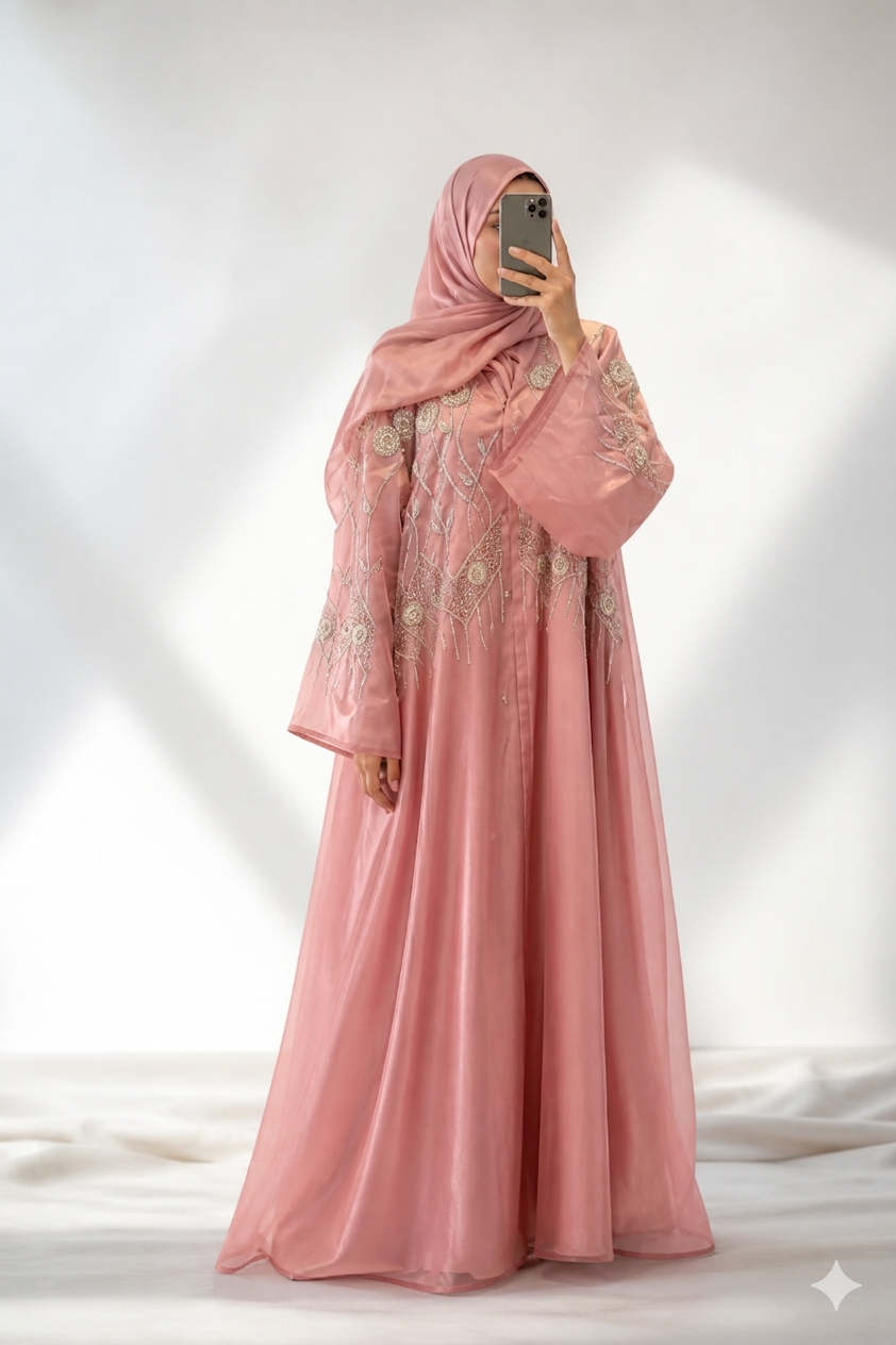 Baby pink organza designer party Abaya- MH235