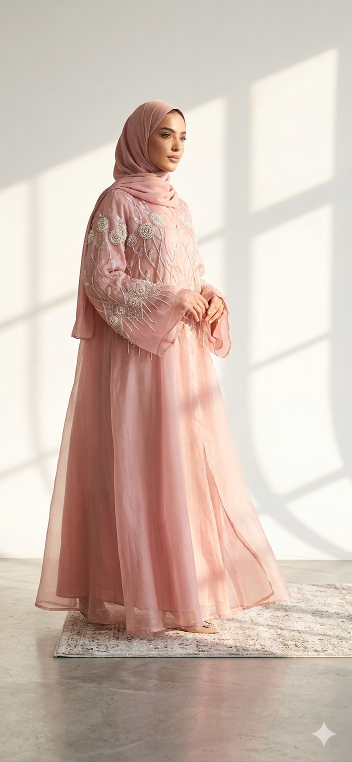 Baby pink organza designer party Abaya- MH235
