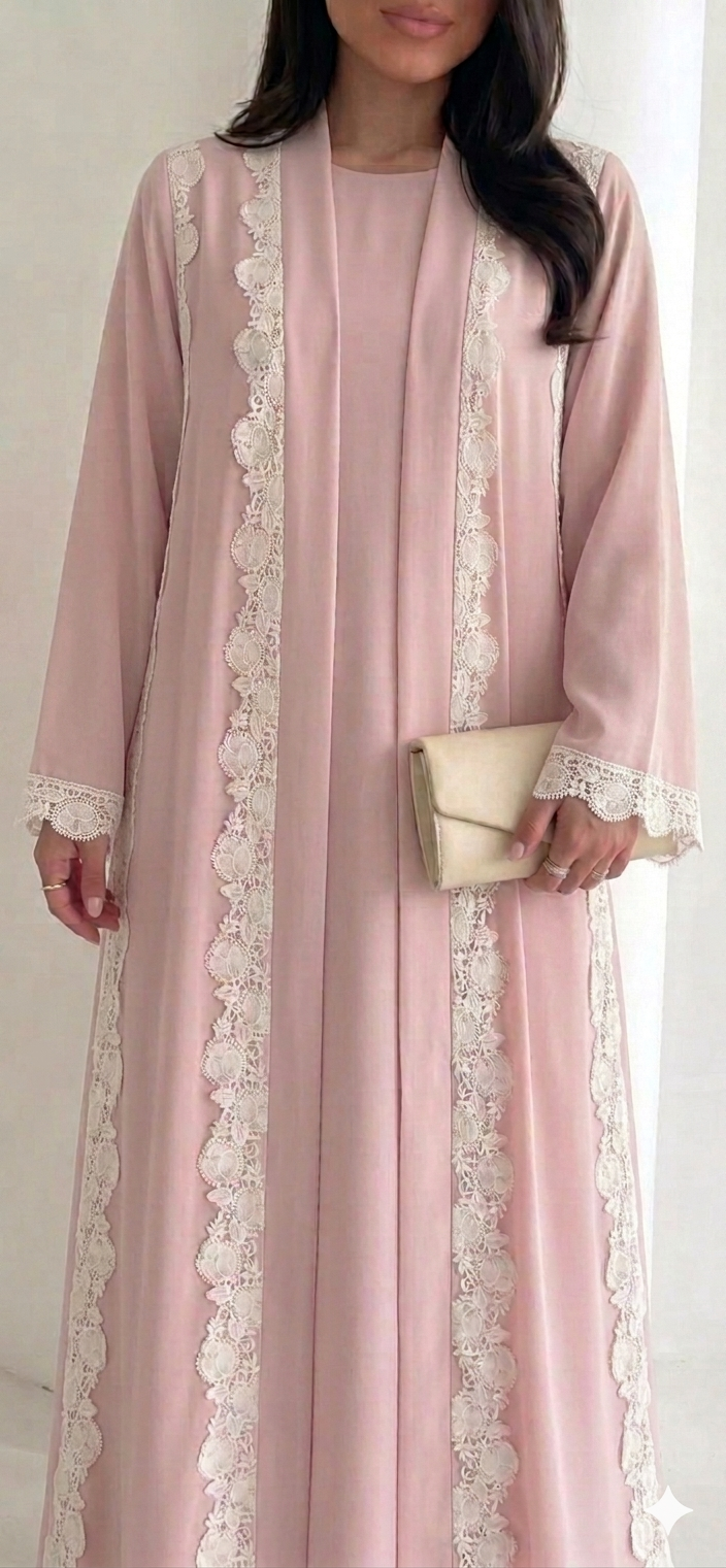 Baby Pink Trendy Lace Abaya- MH336