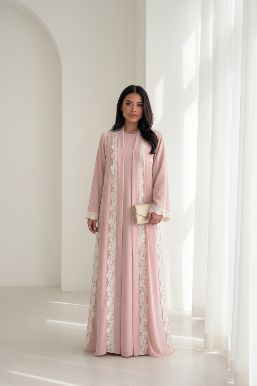 Baby Pink Trendy Lace Abaya- MH336