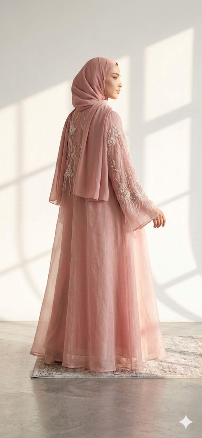Baby pink organza designer party Abaya- MH235
