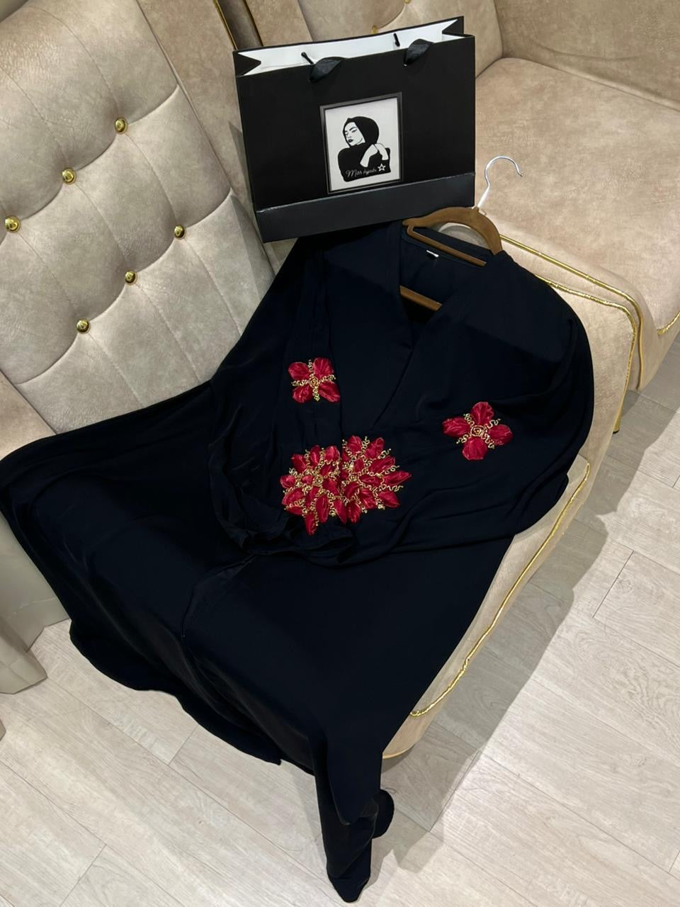 Black Abaya with Delicate Rose Petal Detailing -MH013