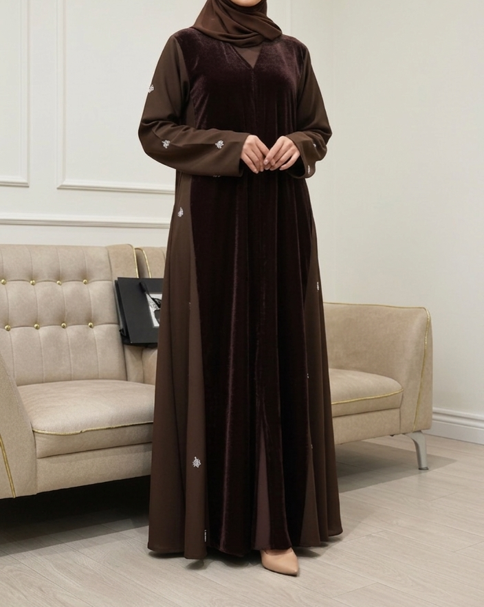 Mocha Majesty Velvet Abaya with Silver Embellishment -MH2249