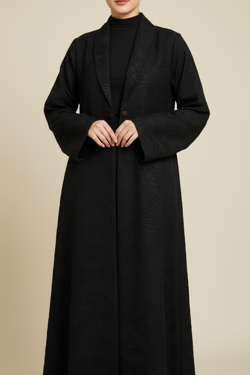 Black Self Designed Collar Abaya- MH048