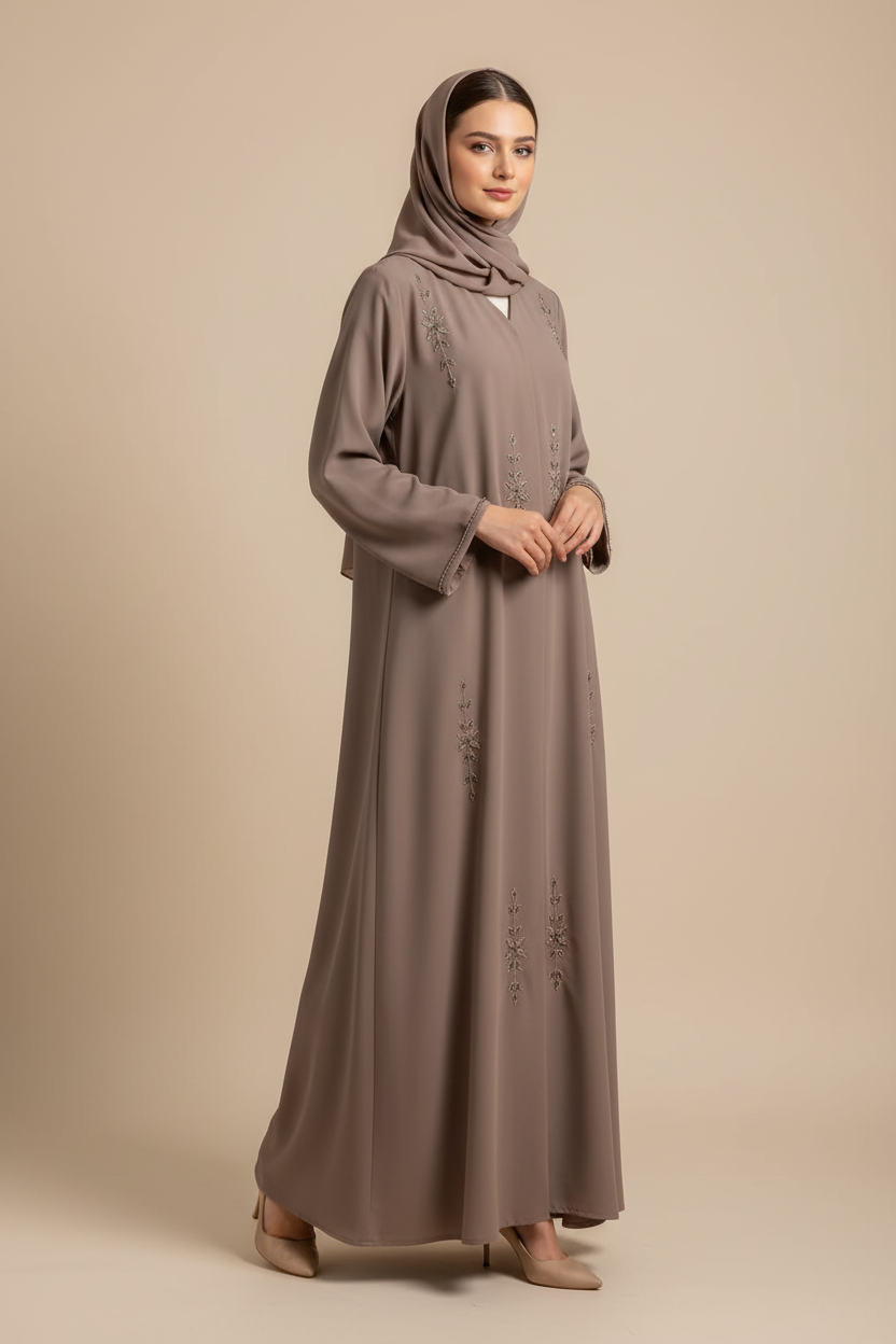 Luxury Taupe Abaya for Women – Elegant Modest Wear- MH059