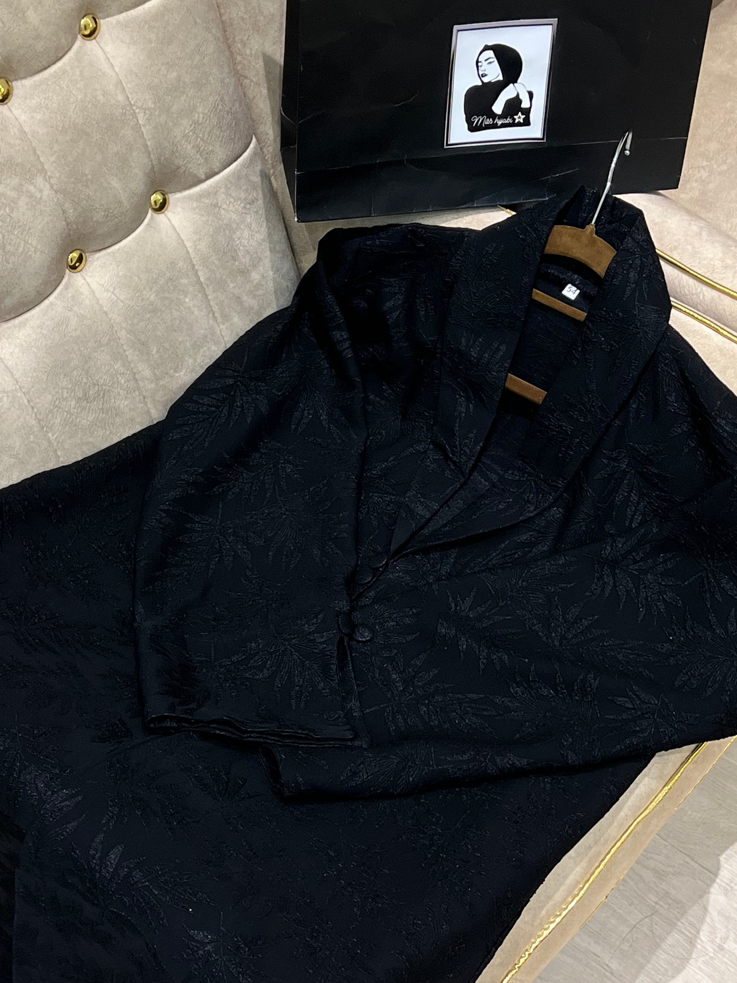 Black Self Designed Collar Abaya- MH048