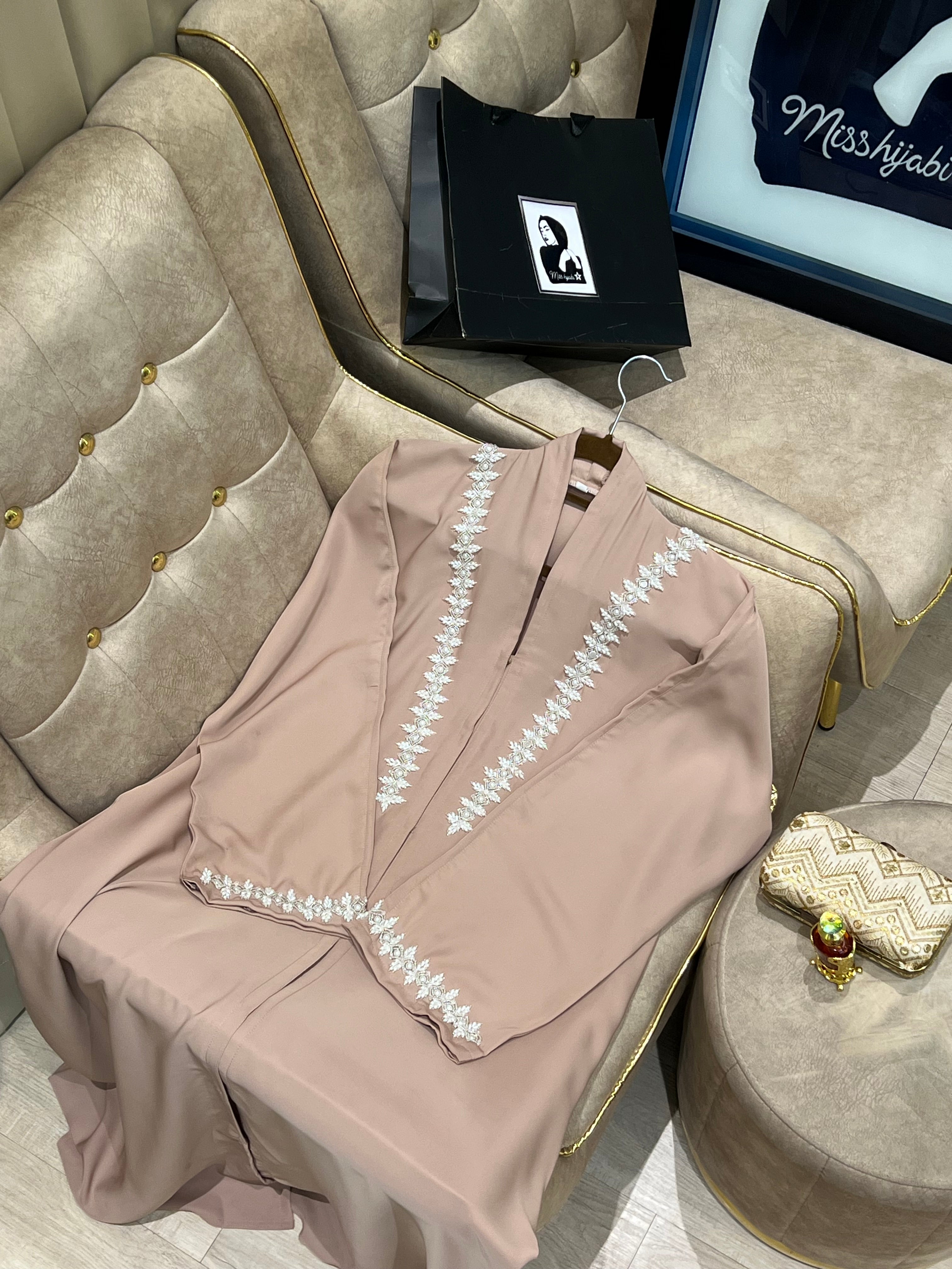 Beige Royal white embellished work abaya -MH071