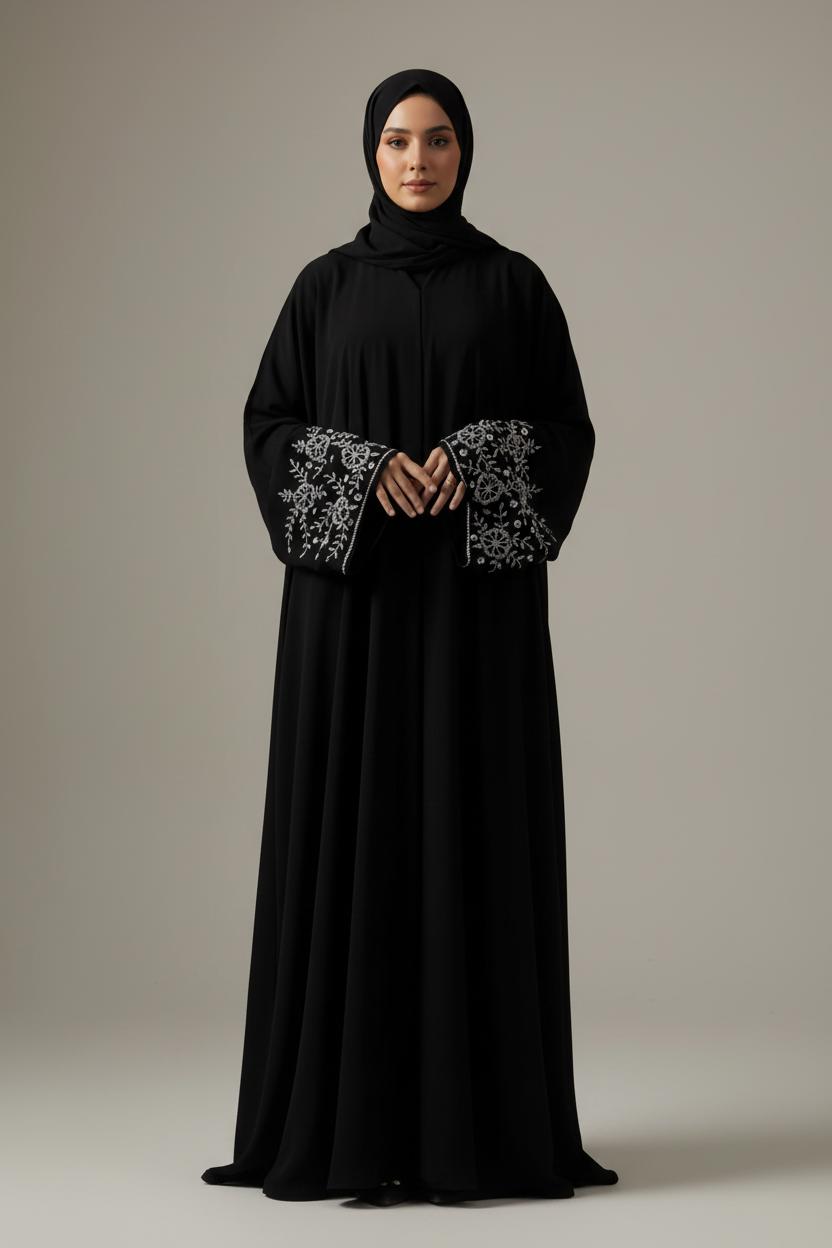 BLACK SANA FLOWER SLEEVE ABAYA-MH023