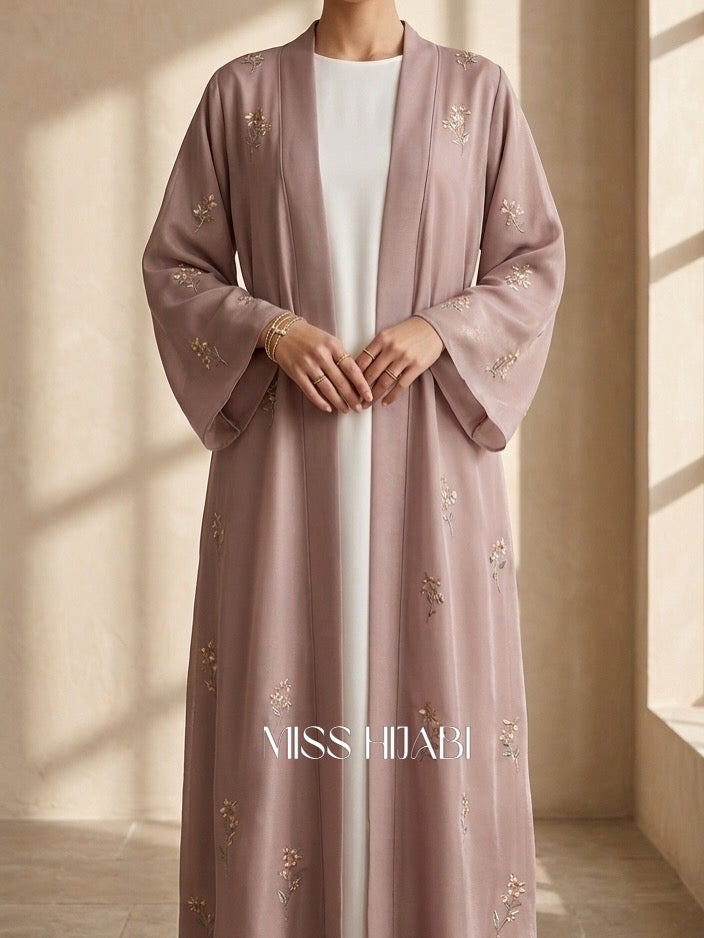Baby pink flower embroidery Abaya-MH248