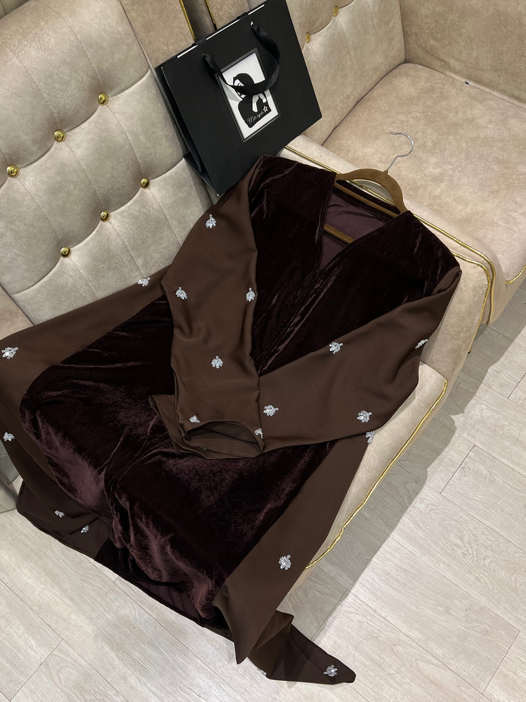 Mocha Majesty Velvet Abaya with Silver Embellishment -MH2249