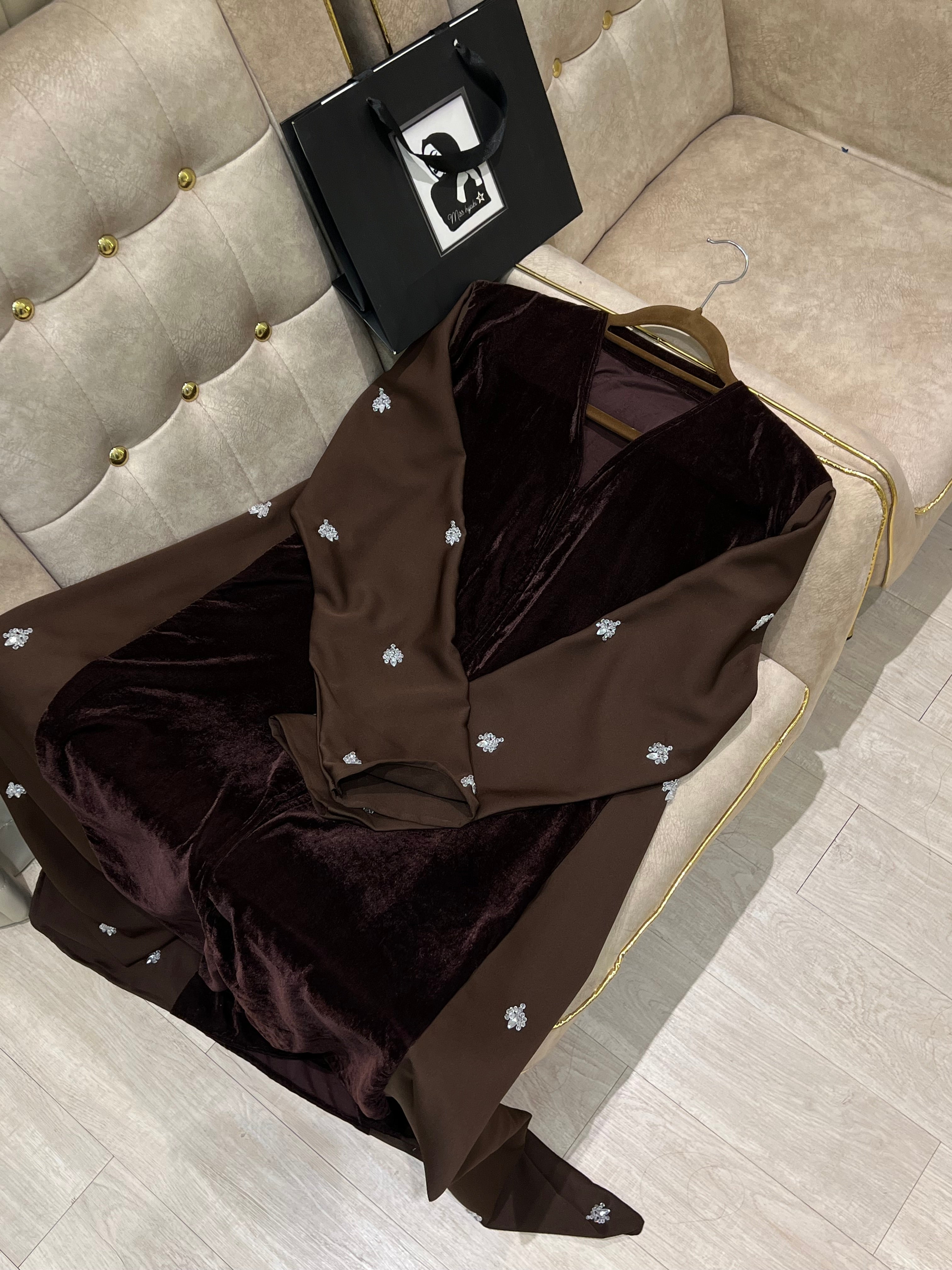 Mocha Majesty Velvet Abaya with Silver Embellishment -MH2249