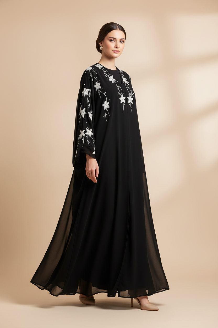 Luxury Black Abaya with Beads Handwork | Elegant Modest Wear for Women -MH065
