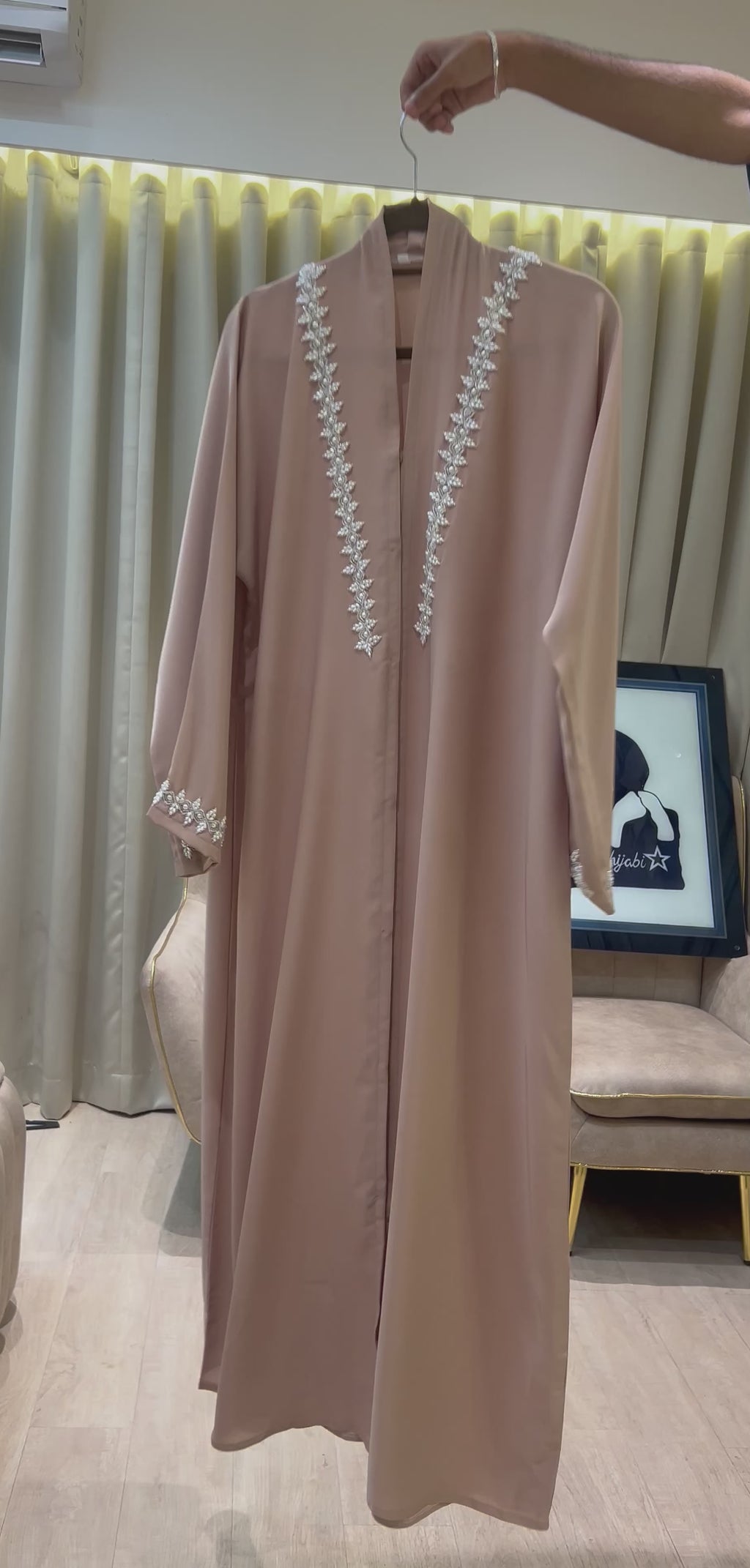 Beige Royal white embellished work abaya -MH071