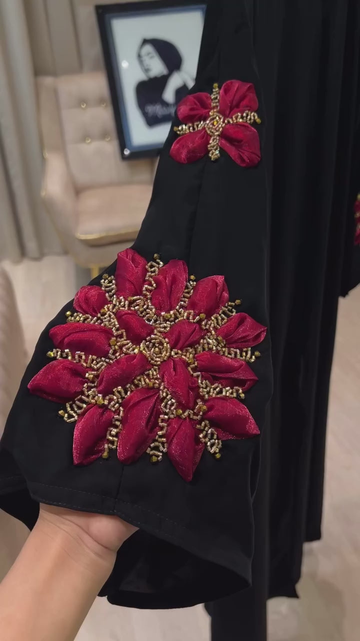 Black Abaya with Delicate Rose Petal Detailing -MH013
