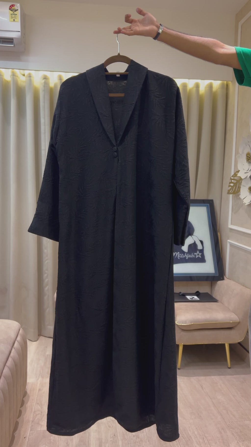 Black Self Designed Collar Abaya- MH048