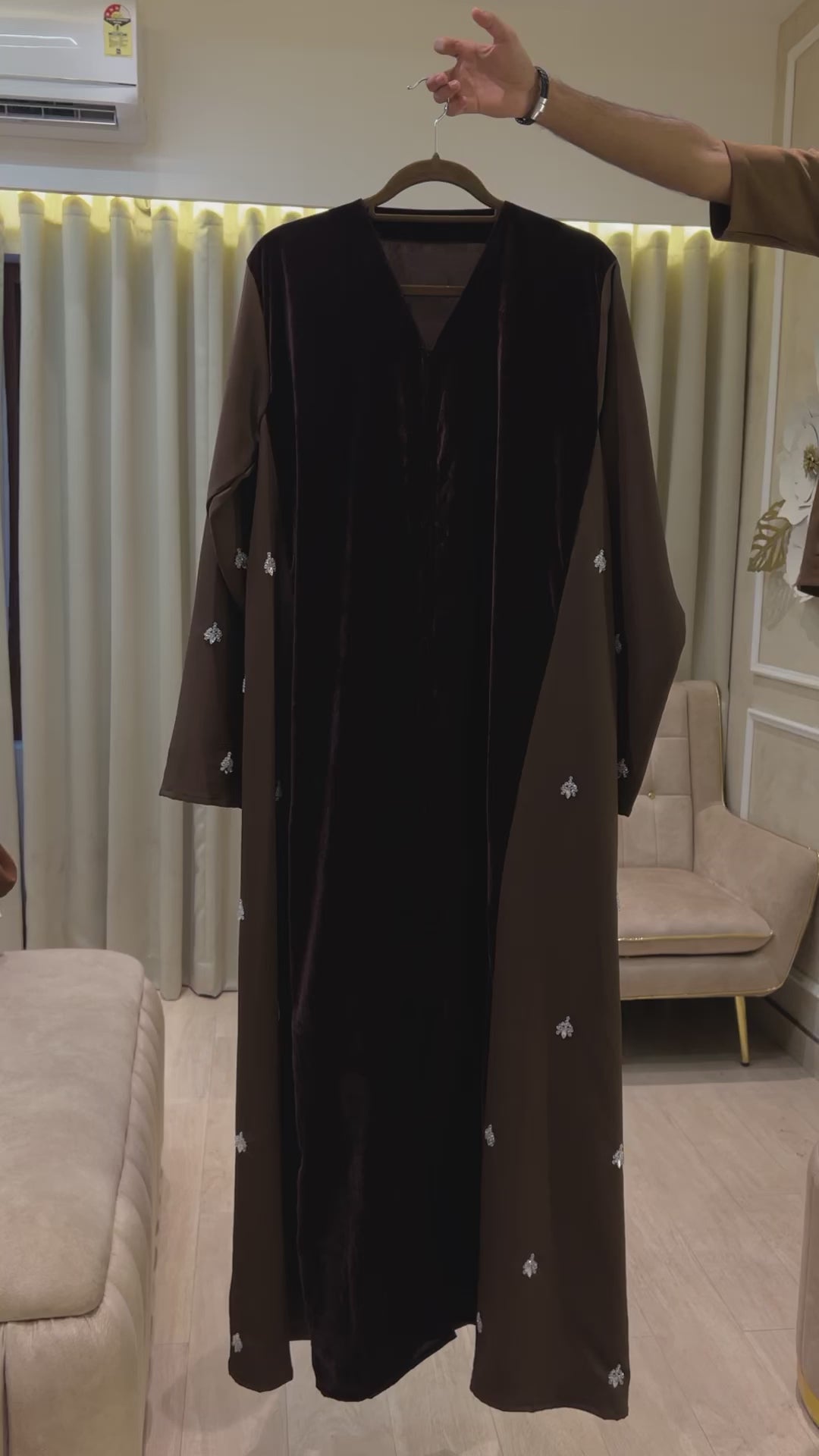 Mocha Majesty Velvet Abaya with Silver Embellishment -MH2249